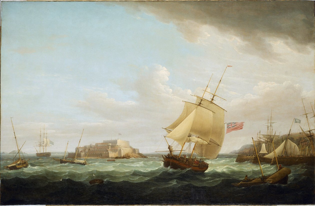 Statek handlowy i inne statki u wybrzeży Cornet Castle w Guernsey w Anglii. Olej na płótnie, około 1796 roku, autor: Thomas Whitcombe (1763-1825). autorstwa Thomas Whitcombe