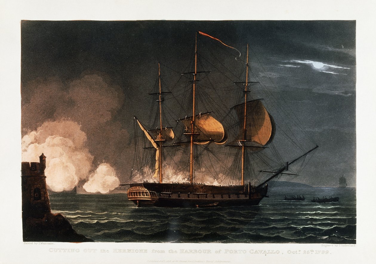 Wycięcie Hermiony z portu Porto Cavallo, 25 października 1799, ok. 1812-1816 autorstwa Thomas Whitcombe