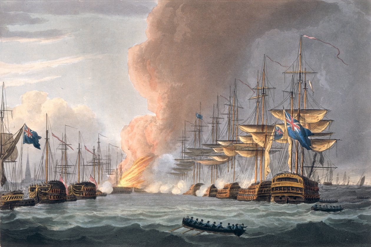Zniszczenie floty duńskiej przed Kopenhagą, 2 kwietnia 1801, grawerowane przez Thomasa Sutherlanda dla „Naval Achievements” J. Jenkinsa, 1816 autorstwa Thomas Whitcombe