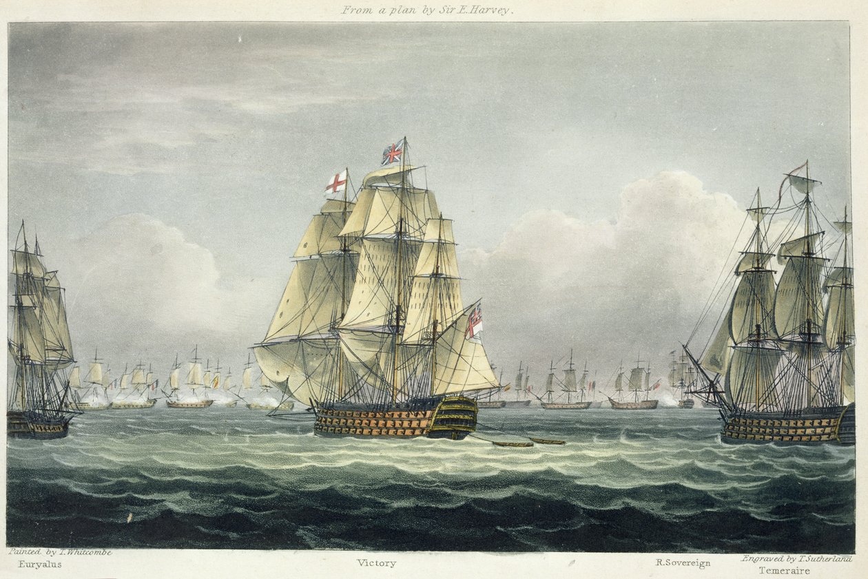 HMS Victory płynący do francuskiej linii flankowanej przez Euryalus i HMS Temeraire w bitwie pod Trafalgarem, 21 października 1805 r., grawerowany przez T. Sutherlanda dla „The Naval Chronology of Great Britain” autorstwa Thomas Whitcombe