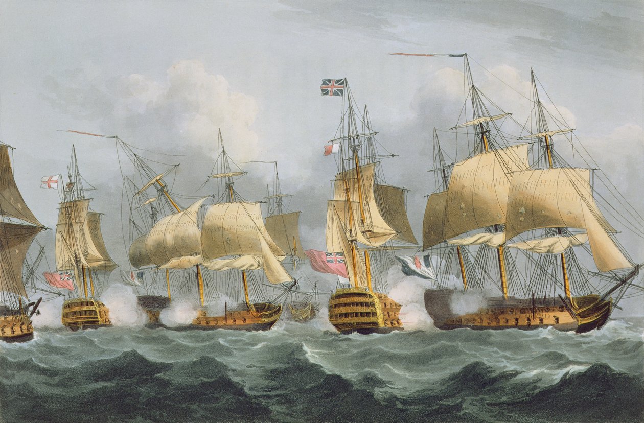Lord Howe w Queen Charlotte, Breaking the Enemy Line, 29 maja 1794, grawerowane przez Thomasa Sutherlanda dla „Naval Achievements” J. Jenkinsa, 1816 (kolor grawerowany) autorstwa Thomas Whitcombe