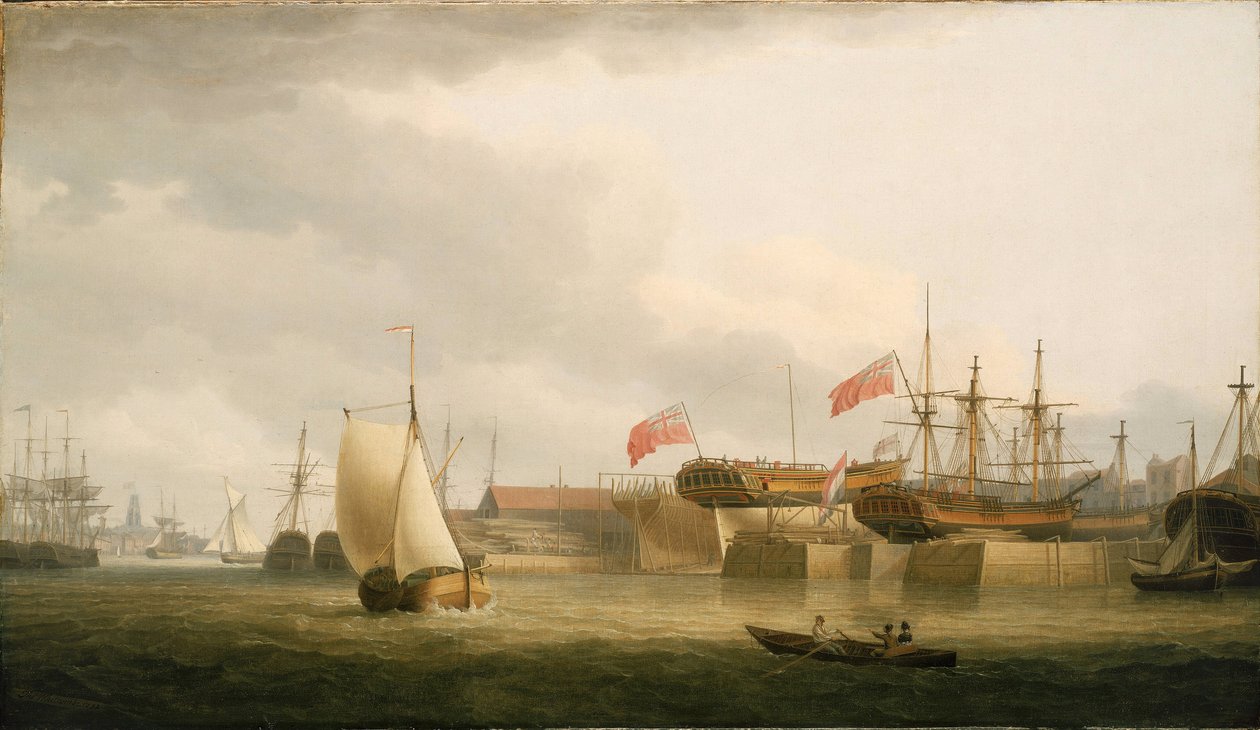 Stocznie na Tamizie (Anglia), w Redriff, naprzeciwko wieży kościoła św. Anny w Limehouse. Olej na płótnie autorstwa Thomas Whitcombe