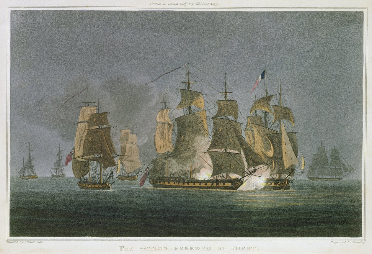 Akcja Renewed by Night, u wybrzeży Madagaskaru, 20 maja 1811 r., grawerowana przez J. Baileya dla „The Naval Chronology of Great Britain” J. Ralfe, wydanej w 1820 r. autorstwa Thomas Whitcombe