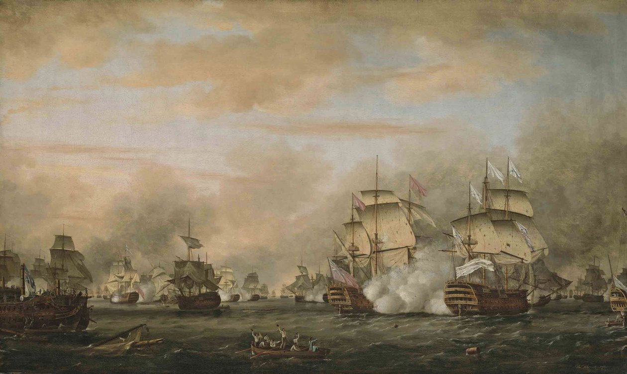 Bitwa pod Saintes, 12 kwietnia 1782. HMS Barfleur atakuje francuski okręt flagowy Ville de Paris autorstwa Thomas Whitcombe