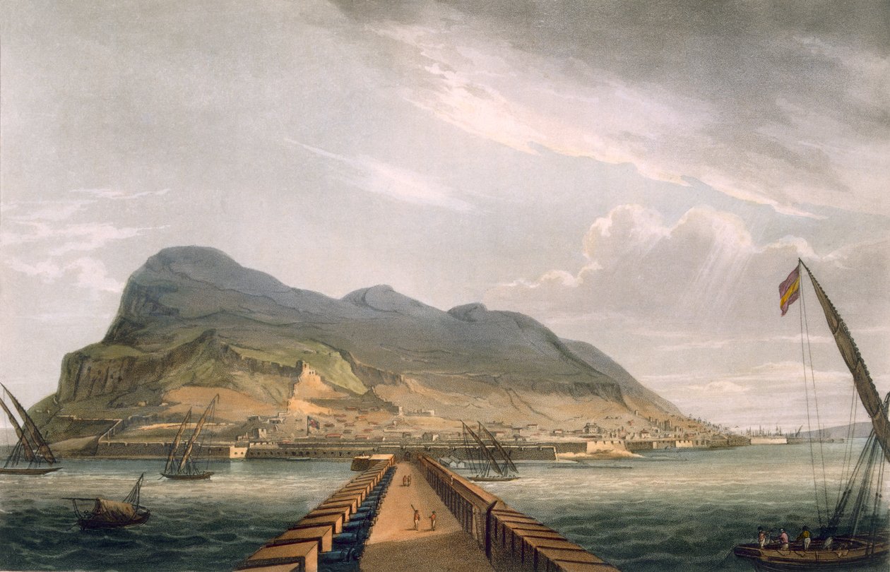 Widok Gibraltaru, rytowany przez Thomasa Sutherlanda dla „Naval Achievements” J. Jenkinsa, 1816 (kolorowy grawerunek) autorstwa Thomas Whitcombe
