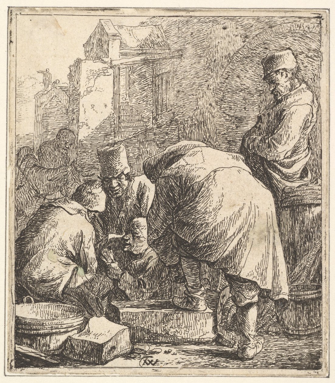 Mężczyzna poprawiający obuwie, po lewej Trzech mężczyzn do gry w karty, 1630-77. autorstwa Thomas Wijck