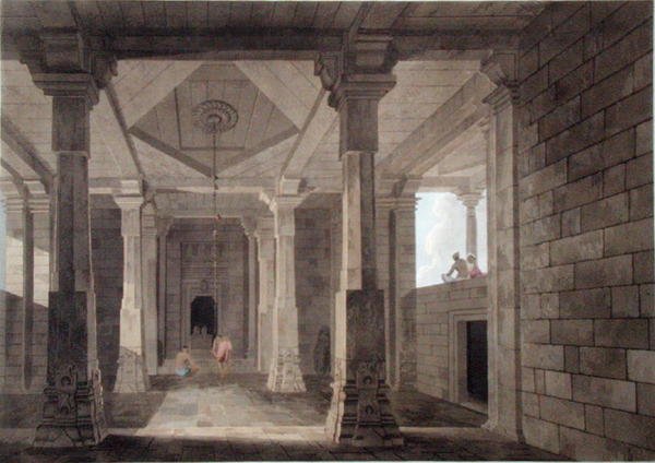 Część wnętrza świątyni hinduskiej w Deo, w Bahar, tablica VI z "Oriental Scenery", wyd. 1800 (akwatinta barwna) autorstwa Thomas und William Daniell