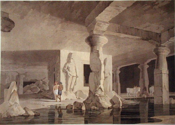Część Świątyni Elephanta, tablica VIII z "Oriental Scenery", opublikowana w 1800 r. (akwatinta barwna) autorstwa Thomas und William Daniell