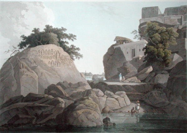 South East View of Fakeers Rock na rzece Ganges, niedaleko Sultaungunge, płyta X z „Oriental Scenery”, opublikowana 1800 (kolorowa akwatinta) (patrz także 86311) autorstwa Thomas und William Daniell