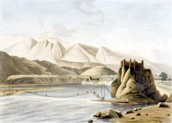 Most linowy w Sirinagur, tablica XXIII z części 6 "Oriental Scenery", wyd. 1805 (akwatinta) autorstwa Thomas und William Daniell