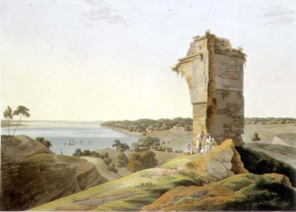 Vaizdas iš Kuros forto griuvėsių, Gango upėje, XXI plokštė iš 4 dalies „Rytų peizažas“, baras. 1803 (akvatinta)polis autorstwa Thomas und William Daniell
