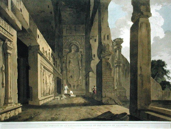 Portyk wykopanej świątyni na wyspie Salsette, tablica 55 z „Oriental Scenery: Twenty Four Views in Hindoostan”, opublikowana 1799 (kolor lito) (zob. 195050) autorstwa Thomas und William Daniell