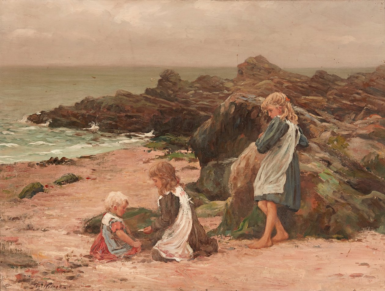 Dzieci na kamienistej plaży (olej na płótnie) autorstwa Thomas Wilson