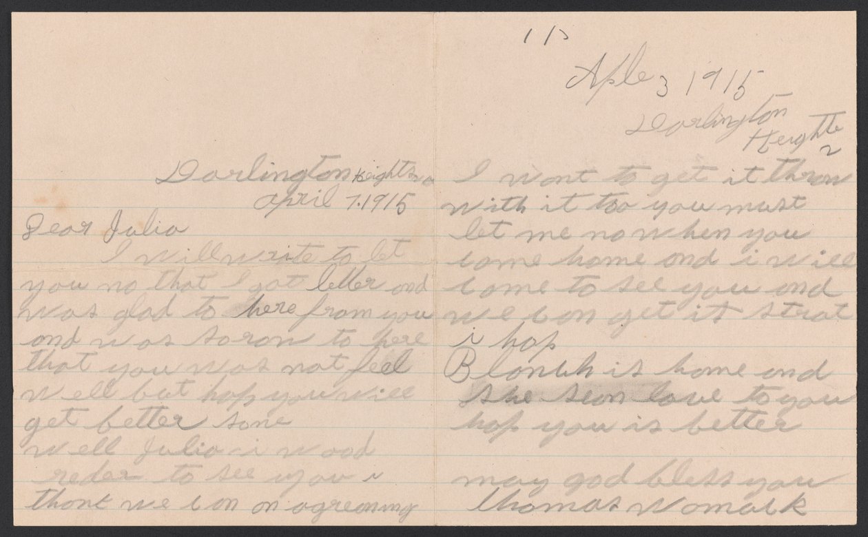 List Thomasa Womack do Julii Womack z kopertą, 7 kwietnia 1915 r. autorstwa Thomas Womack