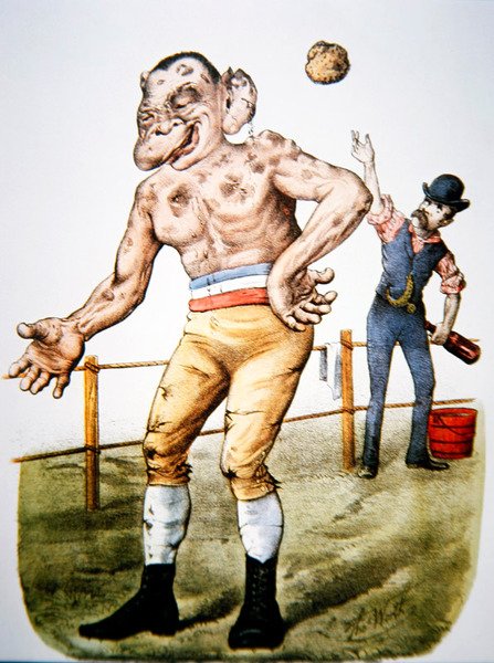 „The Loser” lub „Throwing in the sponge”, rysunek przedstawiający walkę o nagrody, opublikowany przez Currier & Ives w 1883 r. (kolor lito) autorstwa Thomas Worth