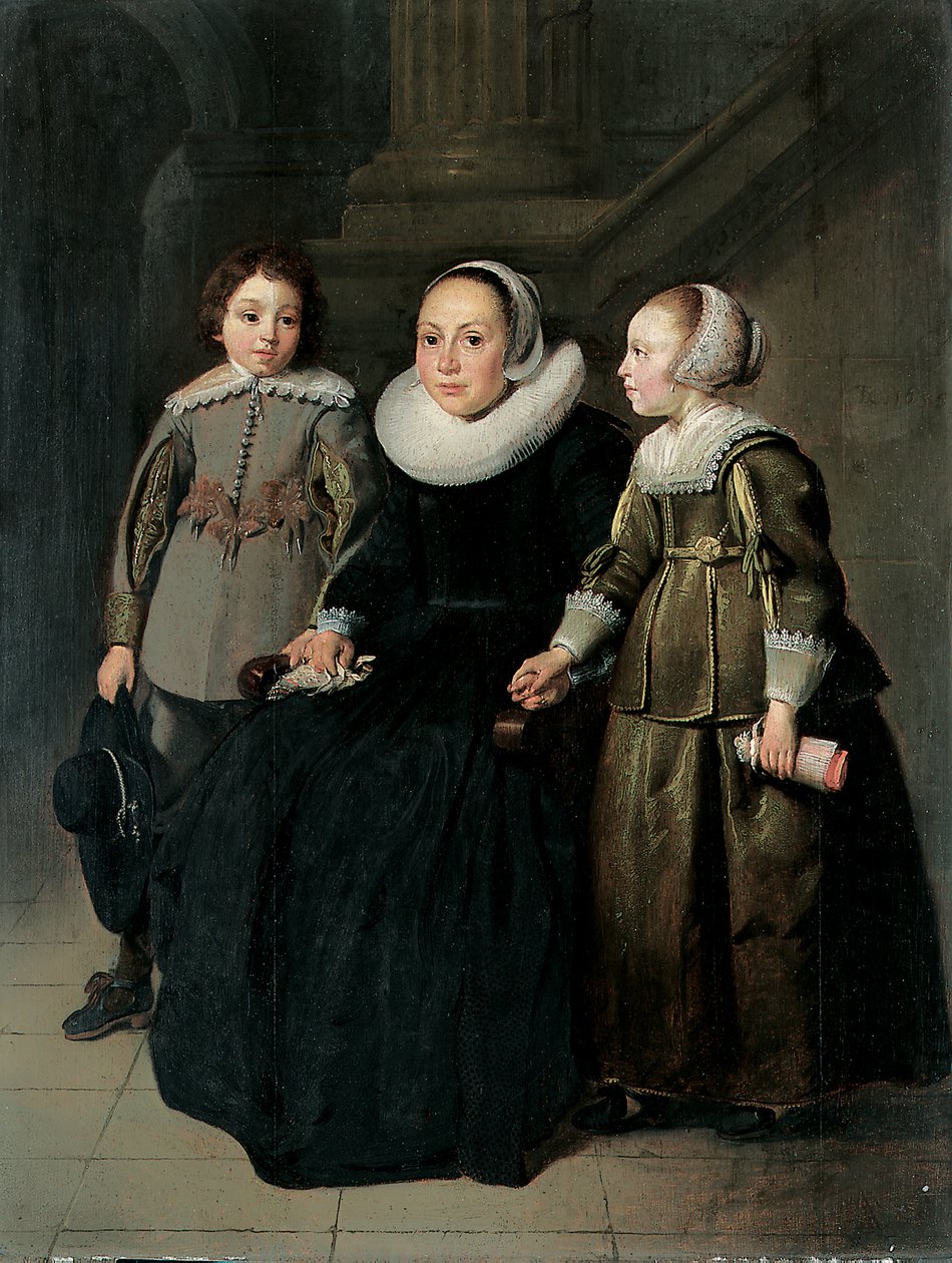 Portret damy, pełnej długości, siedzącej, w czarnej sukni z białą kryzą i czapką, trzymającej chusteczkę, z synem w szarym kaftanie i córką w zielonej sukni, 1635 autorstwa Thomas de Keyser