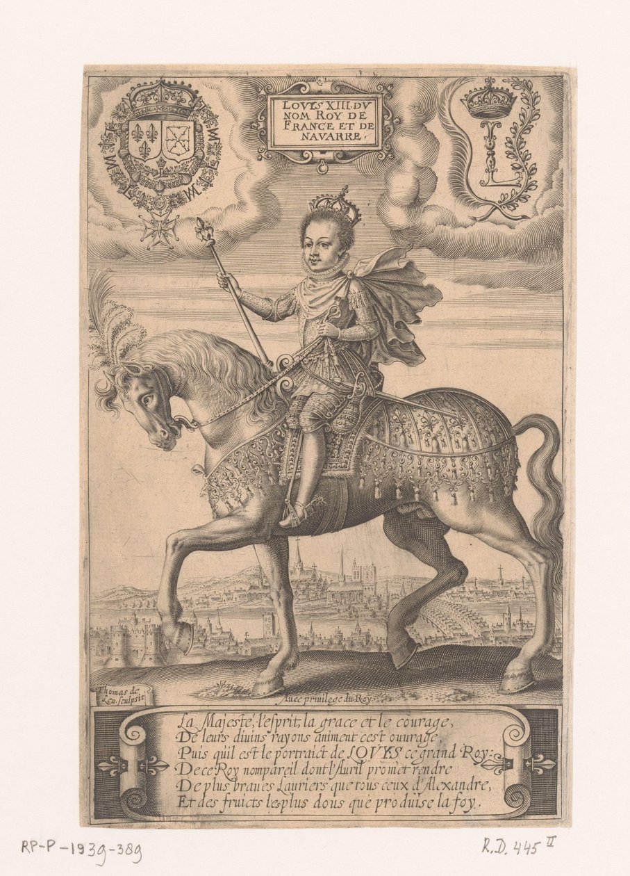 Portret Ludwika XIII na koniu z widokiem na Paryż w tle autorstwa Thomas de Leu