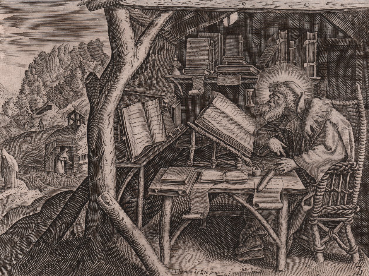 Święty Ewagriusz Pontycus zanurzony w swoich studiach, akwaforta i rytowanie Thomasa de Lieu (1560-1612) autorstwa Thomas de Leu