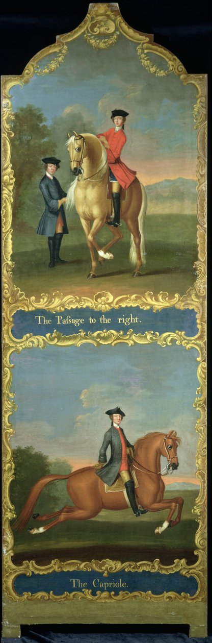 „Przejście w prawo” (na górze) i „Capriole” (na dole), ok. 1750 autorstwa Thomas, of Pall Mall Butler