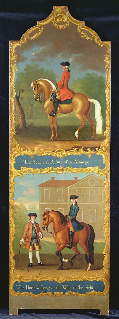 „Siedzisko i postawa ujeżdżalni” (na górze) i „Koń idący po Volcie w prawo” (na dole), ok. 1750 autorstwa Thomas, of Pall Mall Butler