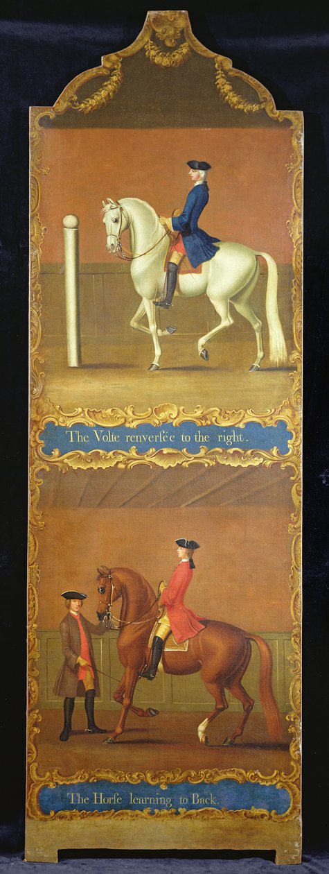 Volte Renversee w prawo" (u góry) i "Koń uczący się grzbietu" (u dołu), ok. 1750 r. autorstwa Thomas, of Pall Mall Butler