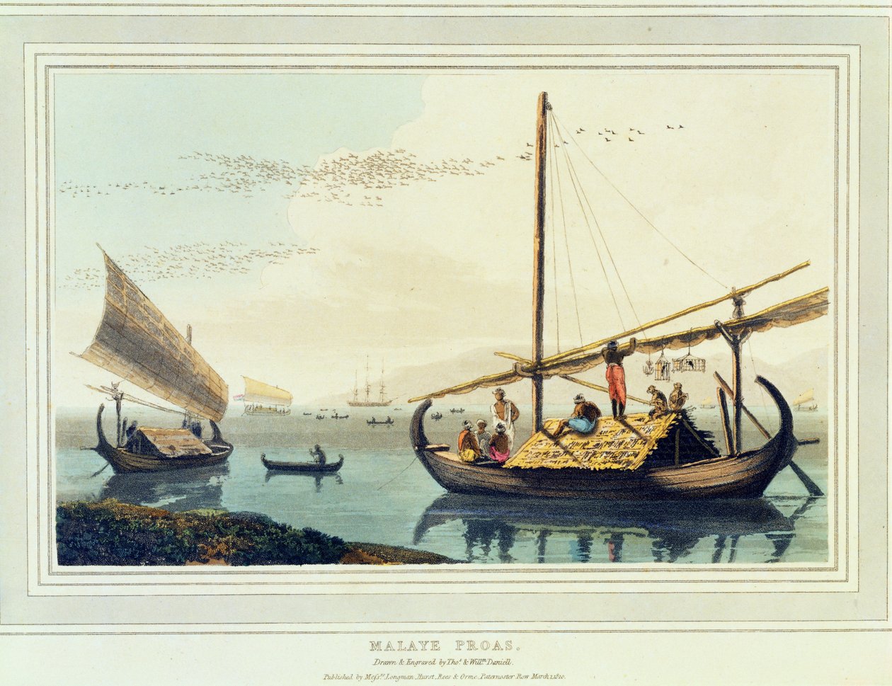 Malaye Proas, płyta 17 z „Malowniczej podróży do Indii”, 1810 (akwatinta) autorstwa Thomas und William Daniell