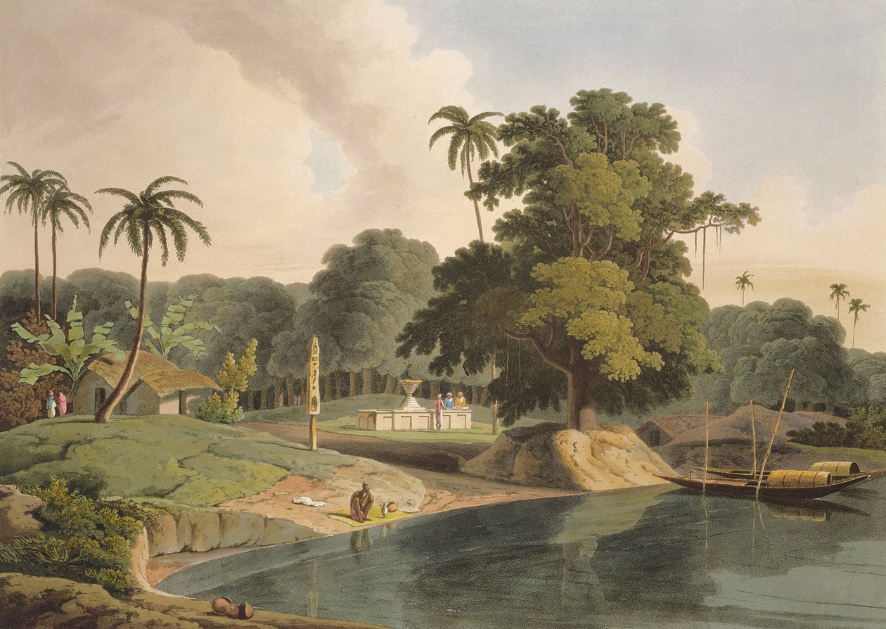 Niedaleko Bandell nad rzeką Hoogly, tablica VIII z części 6 „Sceneria orientalna”, wyd. 1804 (akwatinta) autorstwa Thomas und William Daniell