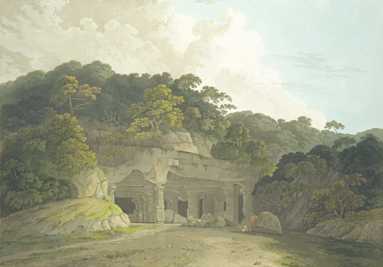 Wejście do jaskini Elephanta, tablica 58 z "Oriental Scenery: Dwadzieścia cztery widoki w Hindoostan", opublikowane 1800 autorstwa Thomas und William Daniell
