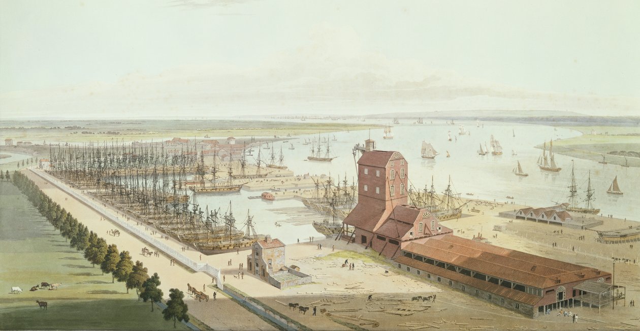 The Mast House i Brunswick Dock w Blackwell, 1803 (akwatinta) autorstwa Thomas und William Daniell