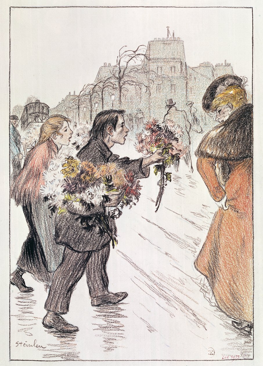 Kwiaciarki spacerujące po zewnętrznych bulwarach (ołówek i kredka na papierze) autorstwa Théophile Alexandre Steinlen