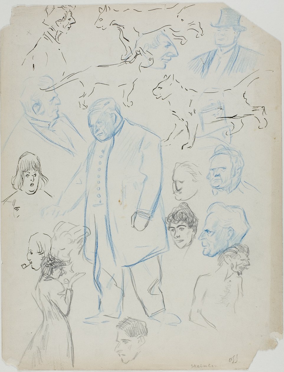 Arkusz szkiców: Mężczyźni, kobiety i koty (recto); Arkusz szkiców: Mężczyźni i kobiety (verso) autorstwa Théophile Alexandre Pierre Steinlen