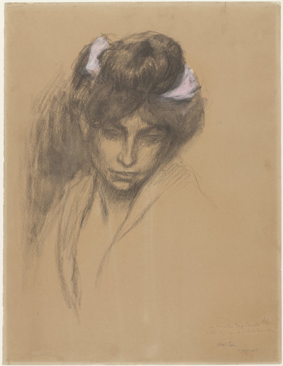 Ciemna głowa dziewczyny, patrząca do przodu, z fioletową wstążką we włosach autorstwa Théophile Alexandre Steinlen