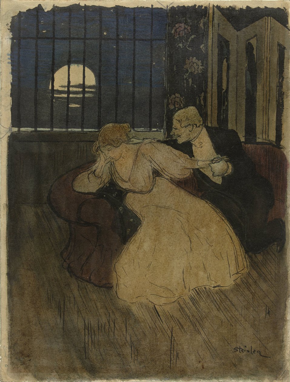 Pan w spódnicy próbuje przekonać wątpiącą panią na kanapie autorstwa Théophile Alexandre Steinlen