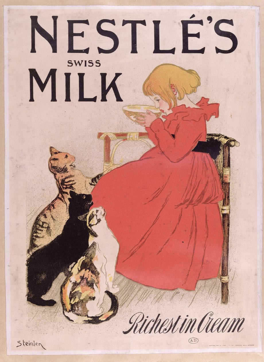 Plakat reklamujący szwajcarskie mleko Nestle, koniec XIX wieku (rycina kolorowa) autorstwa Théophile Alexandre Steinlen