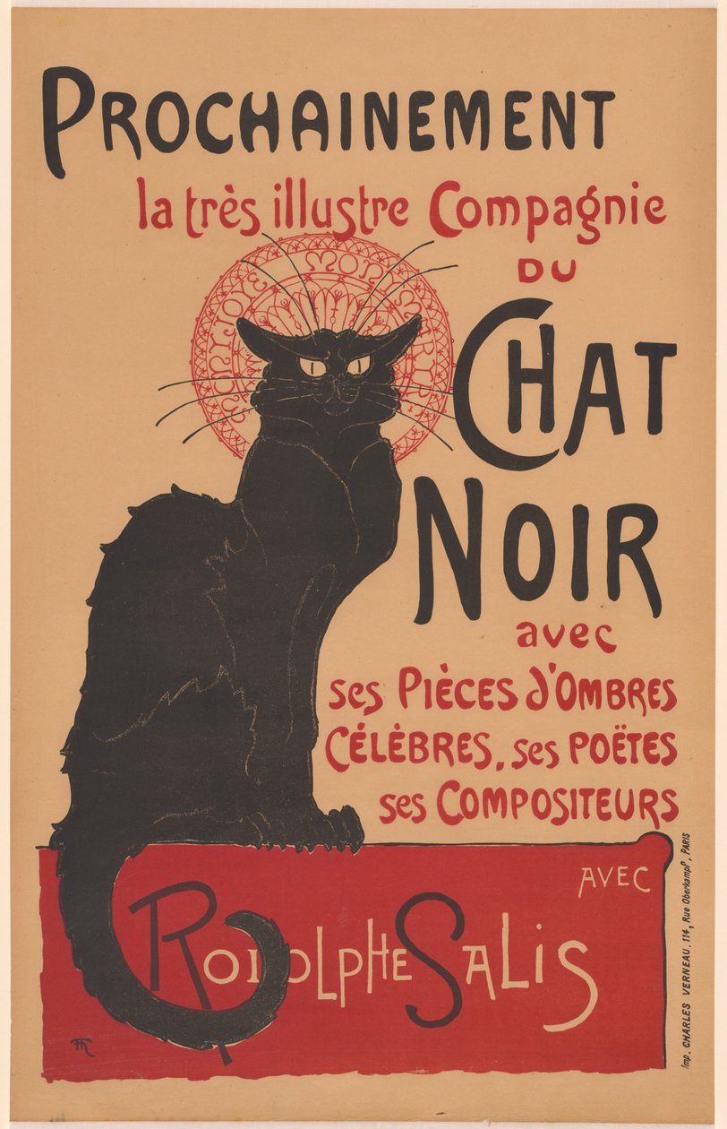 Wkrótce bardzo znamienita Compagnie du Chat Noir (plakat Kompanii Czarnego Kota) autorstwa Théophile Alexandre Steinlen
