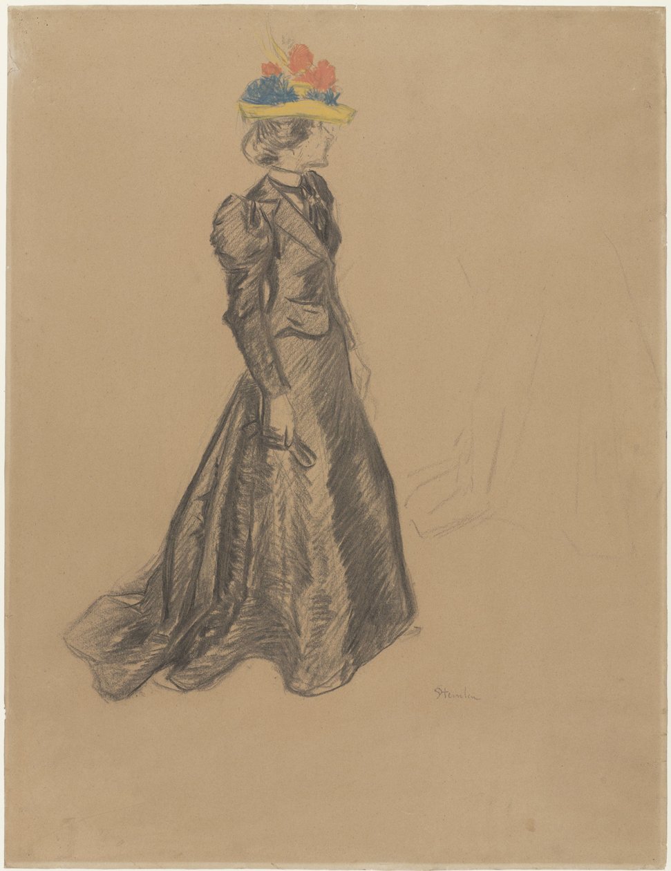 Stojąca dama w czerni w komplecie z trenem i kolorowym słomkowym kapeluszem w letnie kwiaty autorstwa Théophile Alexandre Steinlen