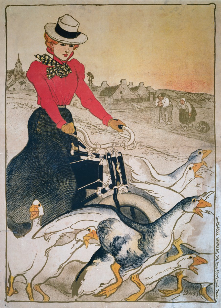 Kobieta na zmotoryzowanym welocypie i grupa gęsi autorstwa Théophile Alexandre Steinlen