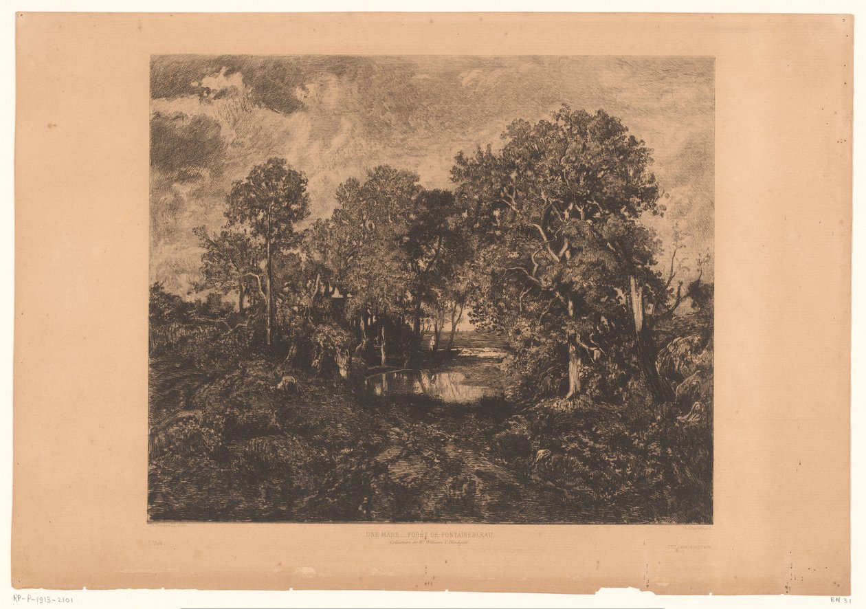Widok na las Fontainebleau z postacią przy kałuży Une Mare - Forêt de Fontainebleau. (tytuł na obiekcie) autorstwa Théophile Chauvel