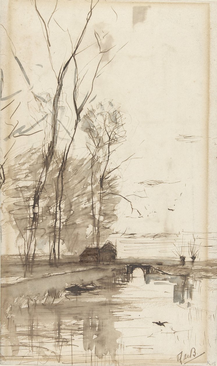 Widok na kanał z wysokimi drzewami, farmą i mostem autorstwa Théophile de Bock (possibly)