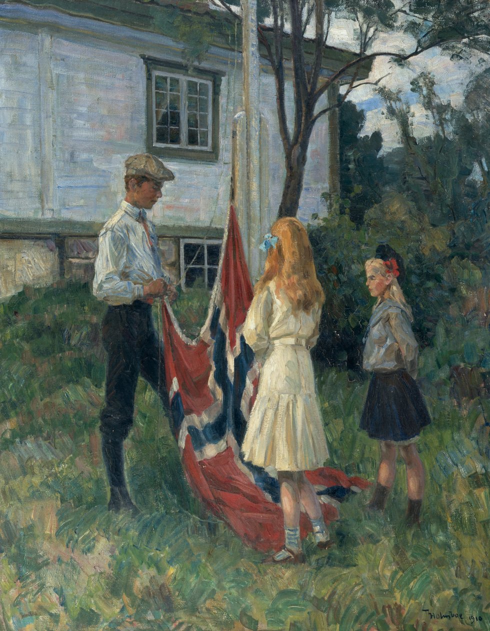 Dzieci wznoszą norweską flagę autorstwa Thorolf Holmboe