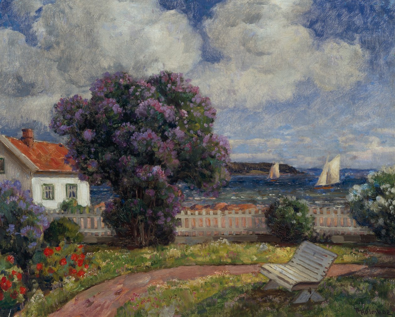 Pejzaż nadmorski z kwitnącym krzewem bzu (olej na płótnie) autorstwa Thorolf Holmboe