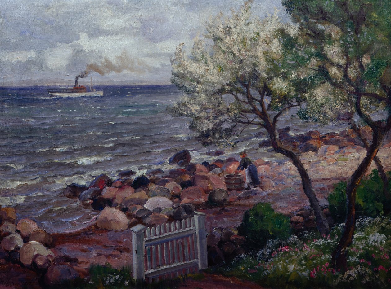 Pejzaż letni z bramą ogrodową i kobietą (olej na płótnie) autorstwa Thorolf Holmboe