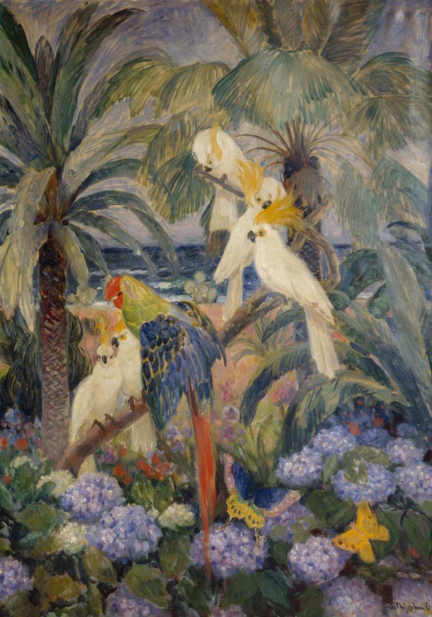 Tropikalny pejzaż z papugami (olej na płótnie) autorstwa Thorolf Holmboe