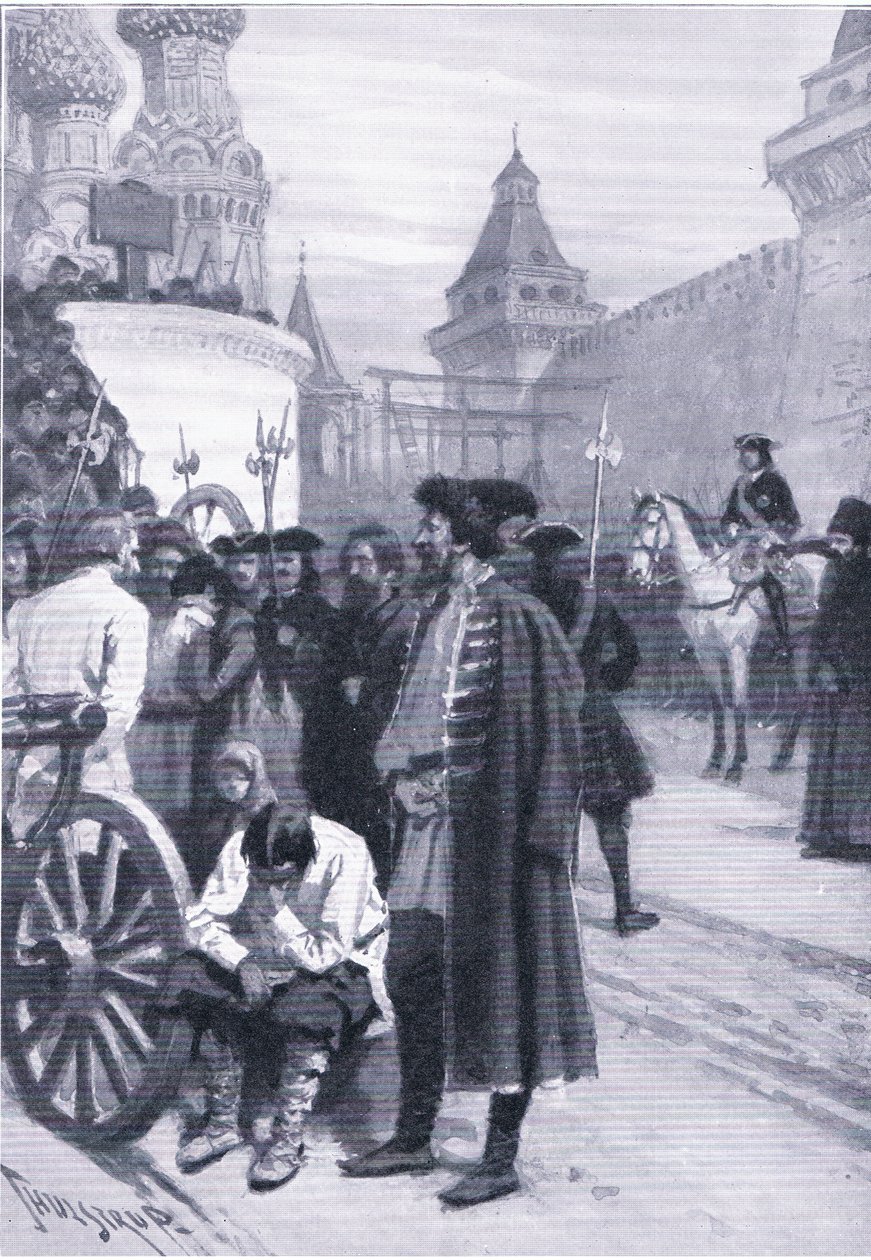 Egzekucja Strelitz na polecenie Piotra Wielkiego, ilustracja z „Zabytki w historii Europy” wydanej przez Gresham Publishing Co, c.1920 (lito) autorstwa Thure de Thulstrup