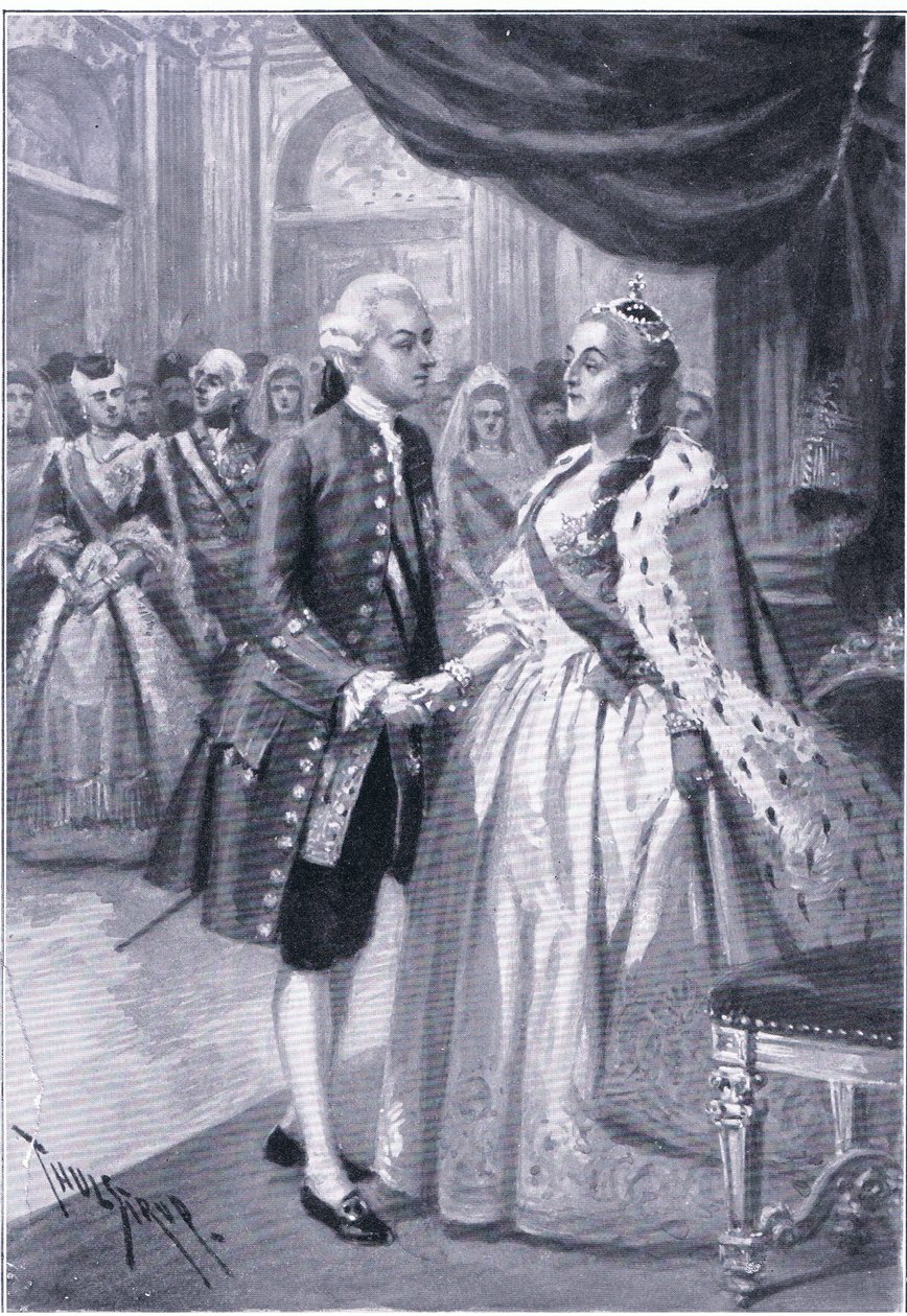 Spotkanie Katarzyny II z Rosji i Józefa II z Austrii, ilustracja z Zabytki w historii Europy wydanej przez Gresham Publishing Co, c.1920 (lito) autorstwa Thure de Thulstrup