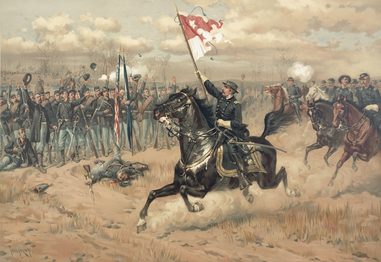Słynna przejażdżka Sheridana w bitwie pod Cedar Creek Virginia w 1864 roku (kolor lito) autorstwa Thure de Thulstrup