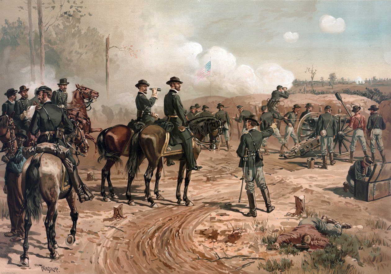Wojna secesyjna w USA: generał Sherman podczas oblężenia Atlanty w 1864 r. (litografia) autorstwa Thure de Thulstrup