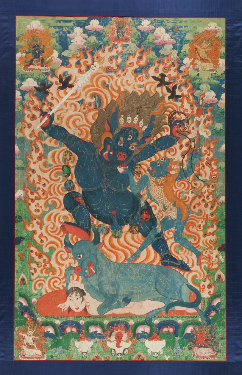 Yama i Yami, ok. 1700 (pigmenty mineralne i złoto na bawełnianej tkaninie) autorstwa Tibetan School