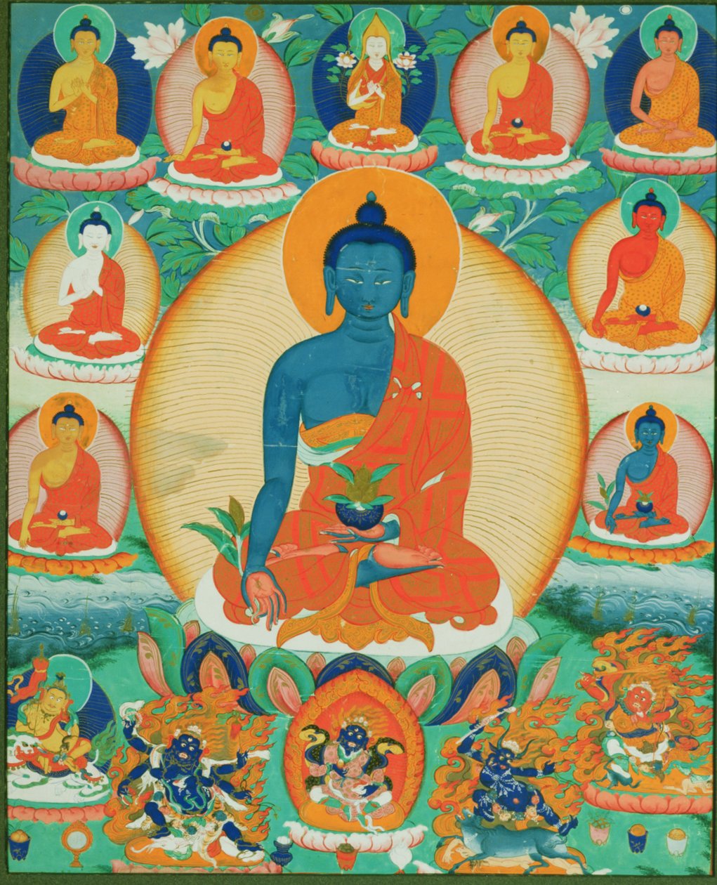 Obraz Thangka przedstawiający Baishajyaguru, Menlę z siedmioma innymi Buddami Medycyny, 1780-1880 (papier) autorstwa Tibetan School