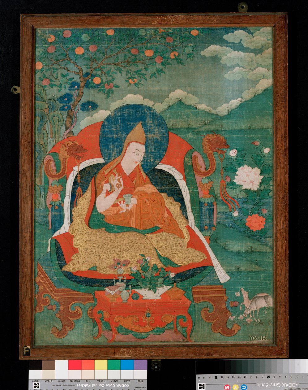 Obraz Thangka przedstawiający ojca lamaistycznej sekty Żółtych Kapeluszów, Gelupga Lama, ok. 1700-1825 (tempera na płótnie) autorstwa Tibetan School